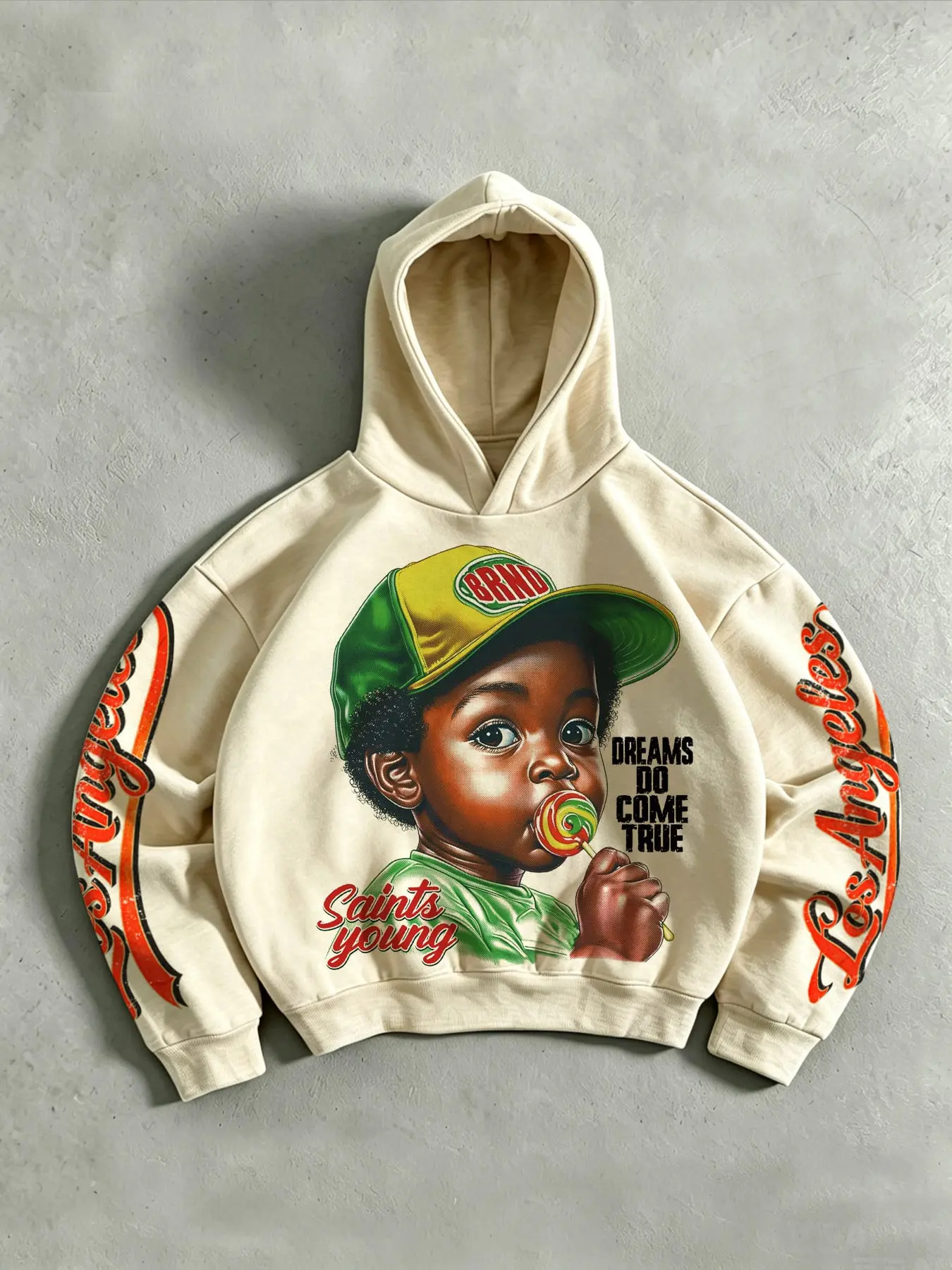 Autumn/Winter Retro Men's Hooded Sweatshirt with Cartoon Little Boy Lollipop Print and Saints Young Slogan; Wrapped sleeves with Los Angeles lettering in a hip-hop style; a versatile men's and women's streetwear top.