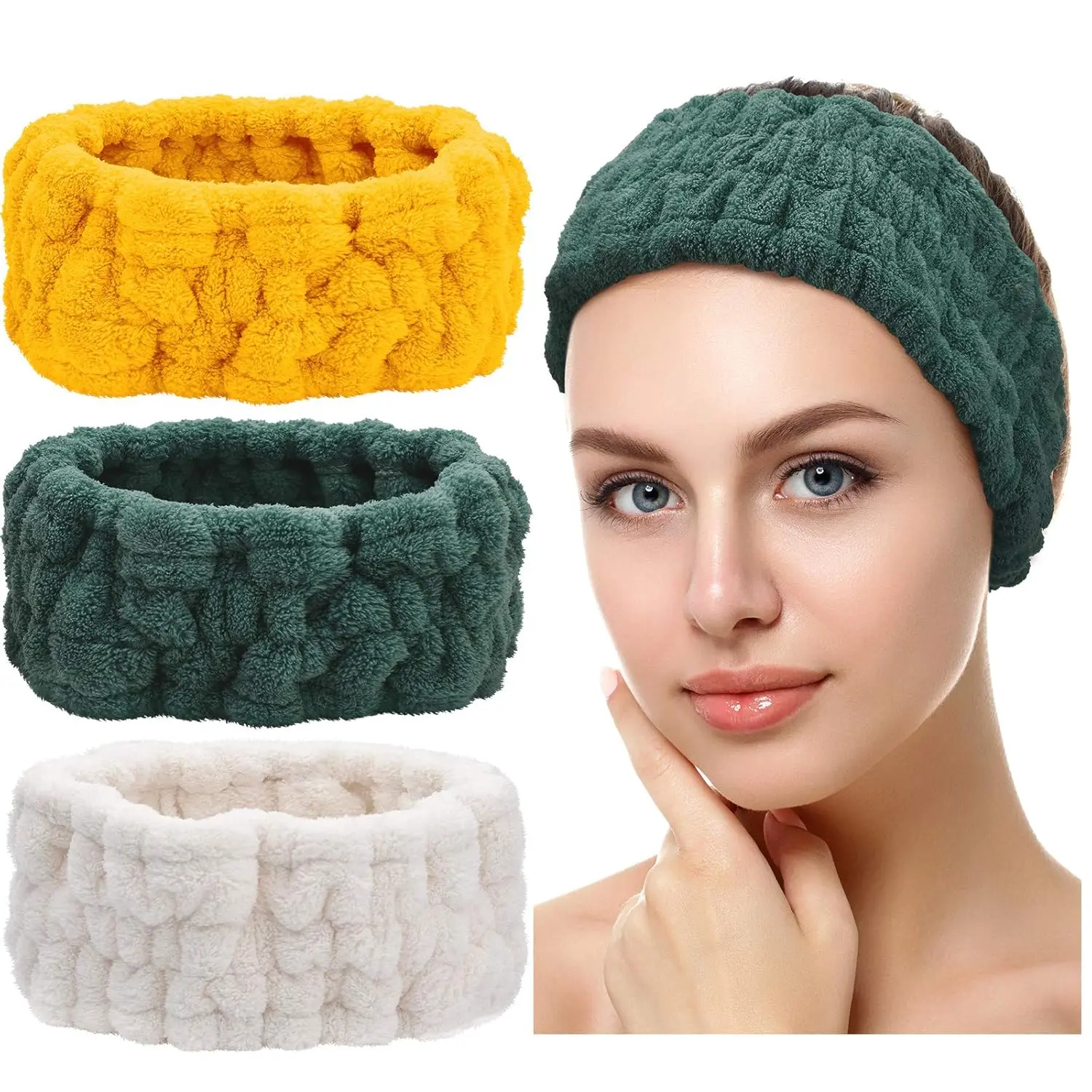 Women's Plain Terry Cloth Spa Facial Headband Set (3-Count, Milky-White/Yellow/Dark Green) - 35cm Circumference, Stretch Fit, Absorbent Soft Elastic Wrap, Machine Washable for Yoga, Showering, Wipe Clean, Facial Care