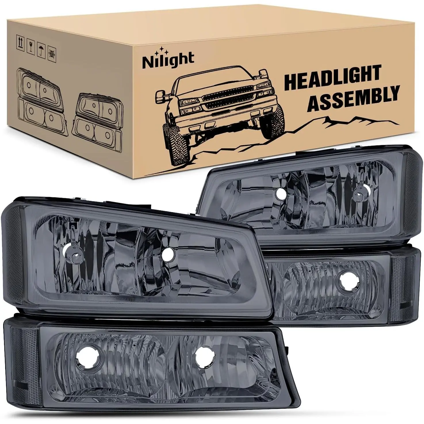 Nilight Headlight Assembly for 2003 2004 2005 2006 Chevy Silverado Avalanche 1500 1500HD 2500 2500HD 3500 Chevrolet Pickup Replacement Headlamp Housing Bumper Lamp Set