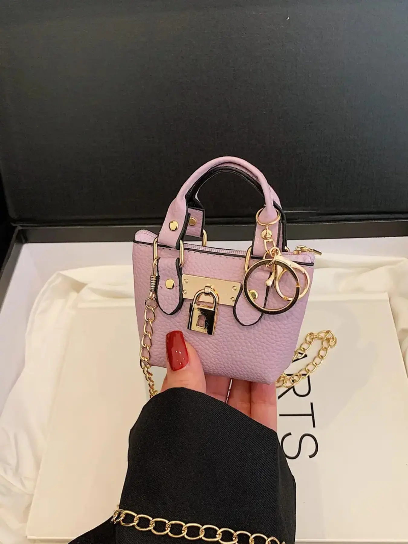 Vintage Lock Design Micro Handbag, Pebbled Faux Leather Mini Chain Crossbody Purse, Portable Tiny Shoulder Bag for Girls Daily Outfit Matching