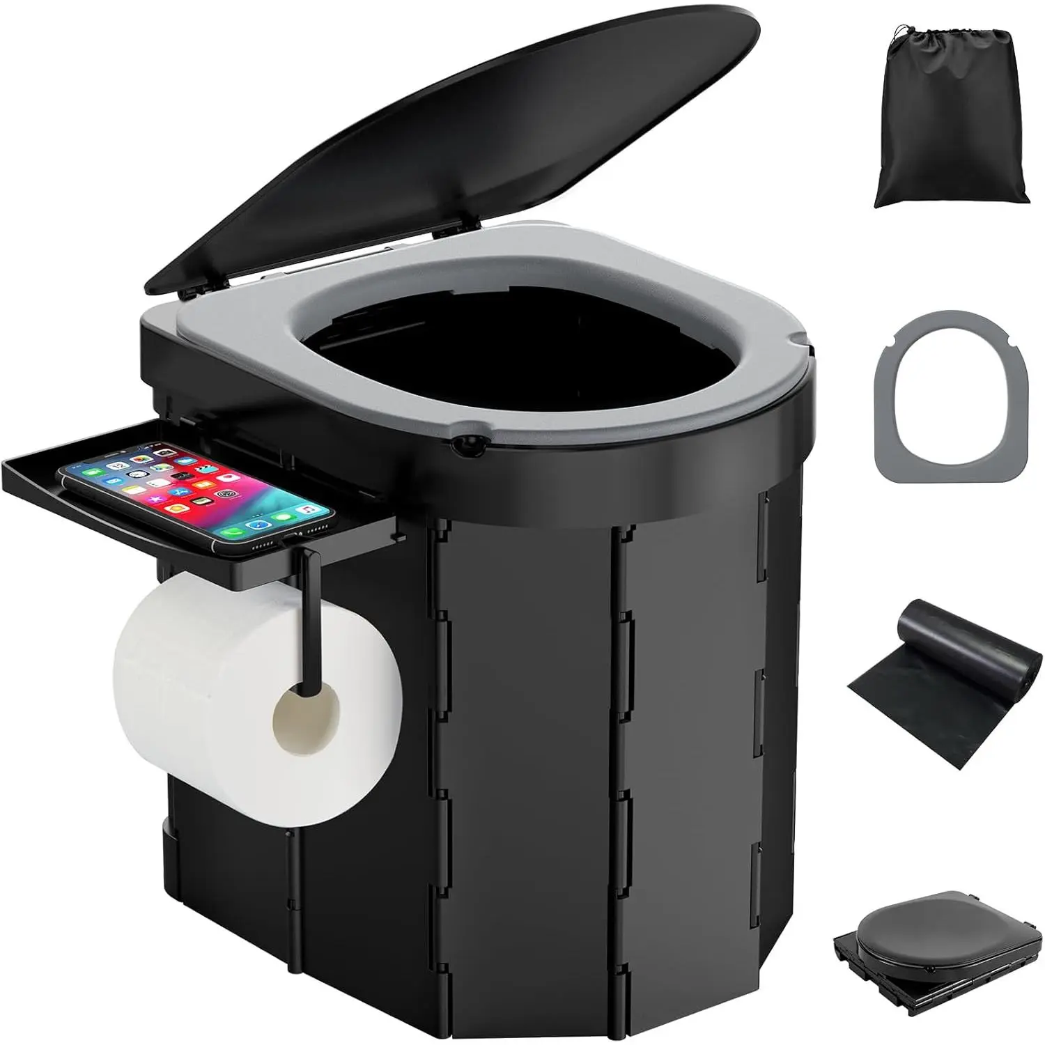 Compact Folding Portable Toilet for Adults, Sturdy ABS Plastic Travel Potty with Lid, Phone Shelf & Paper Holder for Outdoor Camping and Hiking