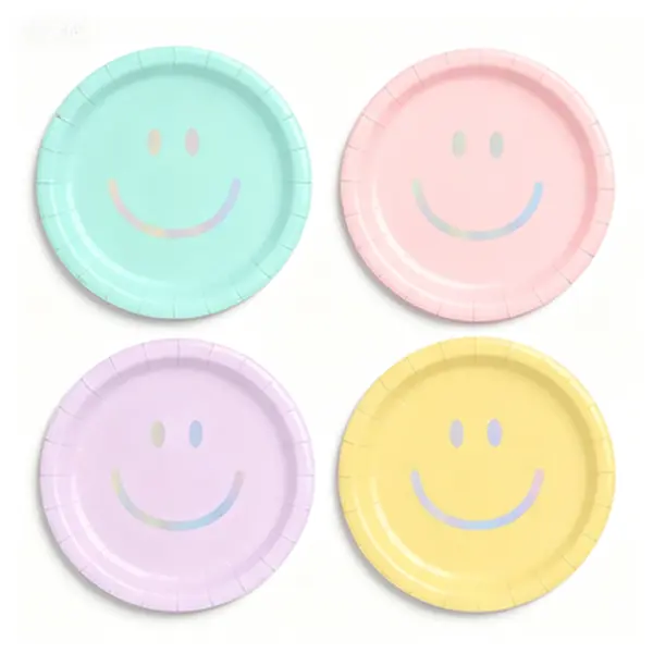 Metallic Iridescent Foil Smiley Face Cute Disposable Plates - 24-Pack 9-in Tableware, for Happy Birthday, Bachelorette Party Dessert & Cake Supplies