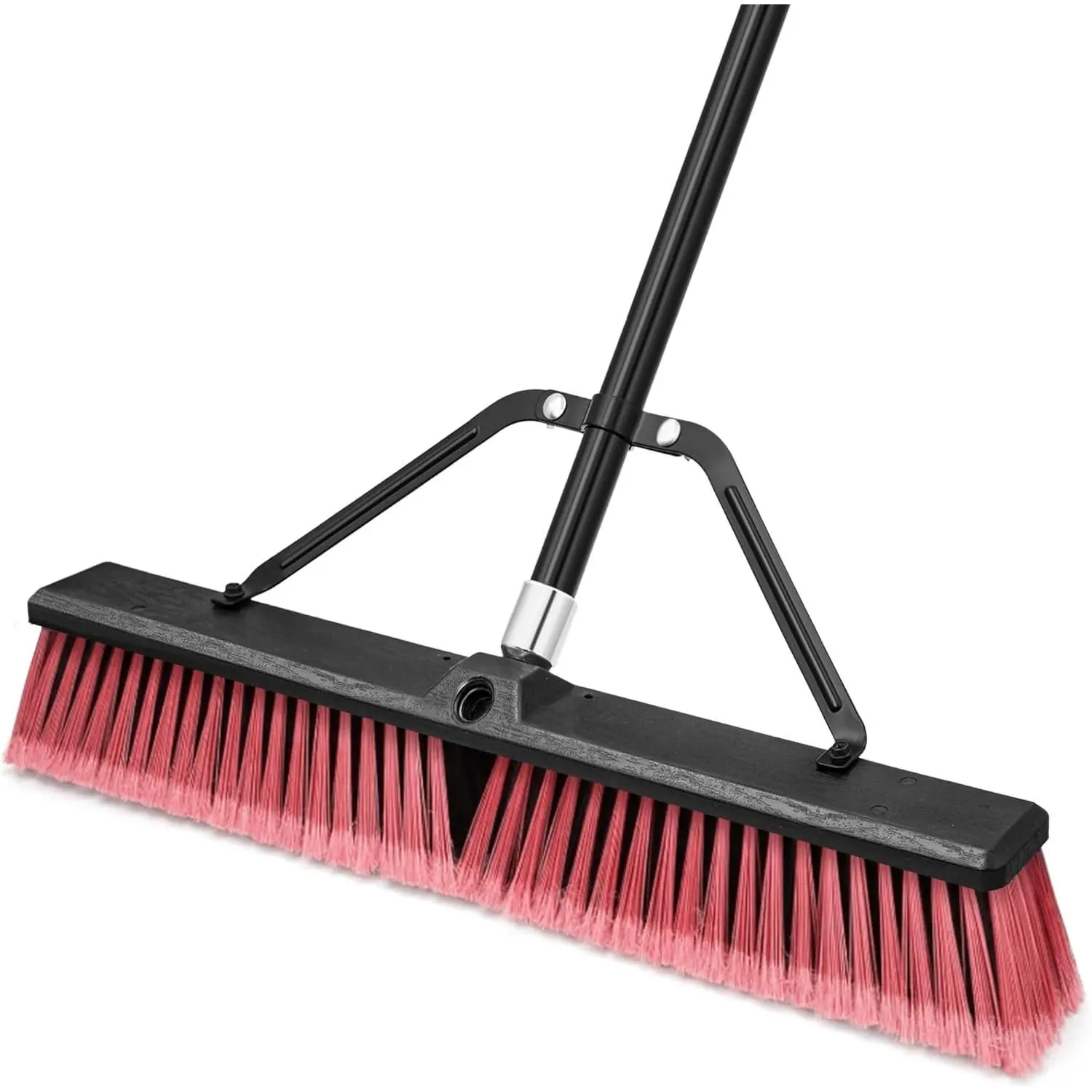 24" Heavy Duty Outdoor Push Broom, Commercial Large Stiff Bristle Brush with 63" Long Handle, Red for Garage Shop Garden Yard Patio Deck Street Warehouse Lawn Driveway