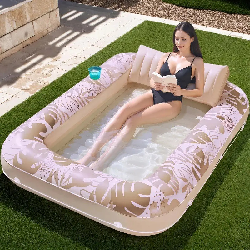 Inflatable Sun Lounger with Cup Holder and Pillow, 70x46 Inch Large Pool Float, 4-In-1 Sun Bath Tub Float, Party Gift, Inflatable Sofa Pool Chair