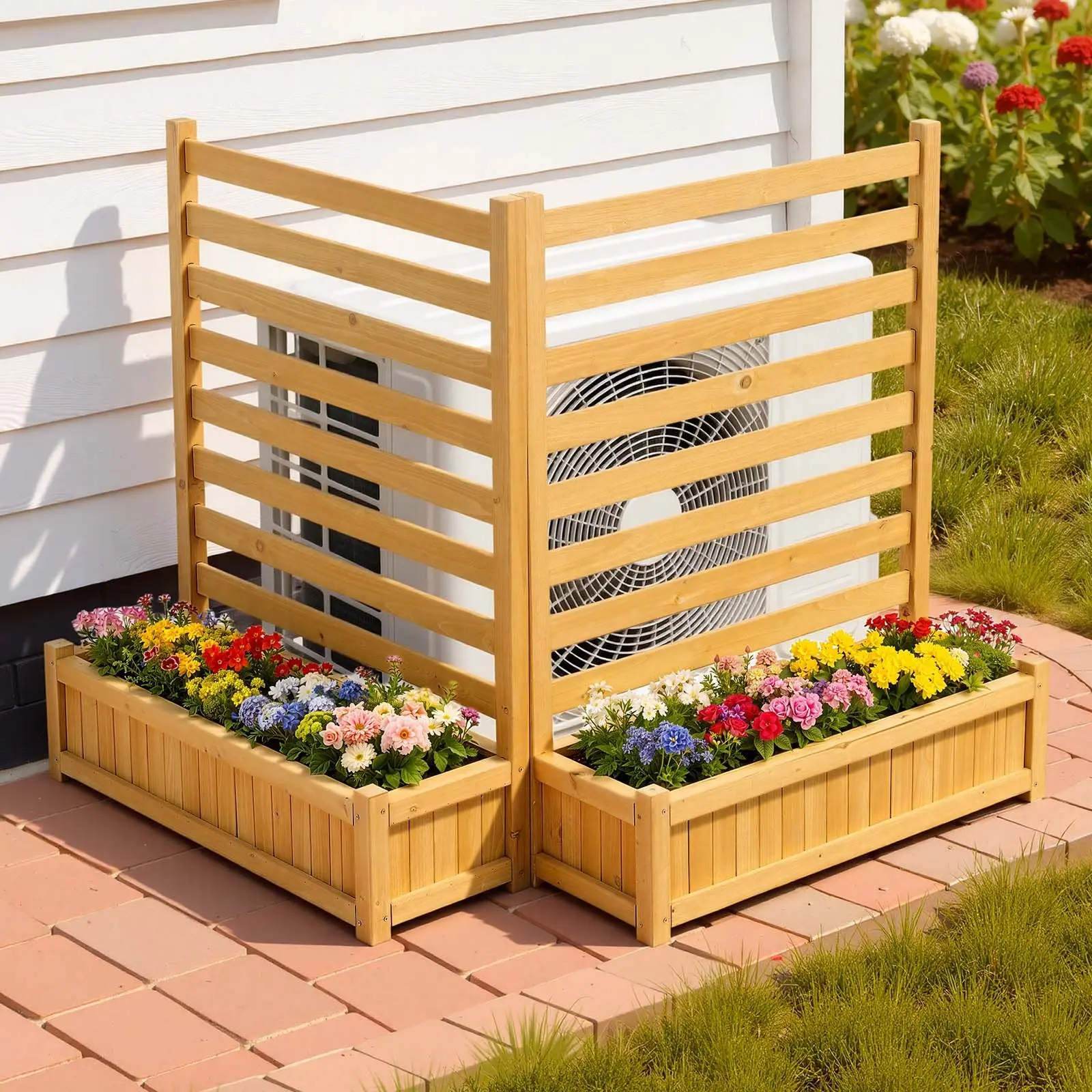 【DealsForYouDays】VEVOR Wooden Privacy Fence, 36x 45 inch Air Conditioner Fence, 2 Slatted Panel Solid Outdoor Wood Privacy Screen with 2 Planters, Metal Stakes, Trash Can Hider Fences Suitable for Garden, Pool