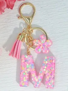 A-Z Letter Keychain DIY Style, Floral Dreamy Star Sequins Backpack Charm, Fringe Pendant, Casual Accessory for Bags and Keys
