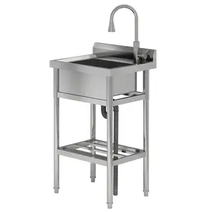 Freestanding Stainless Steel Utility Sink, Single Basin, 360° Pull-Out Faucet, Hot & Cold Water, Commercial Prep Sink