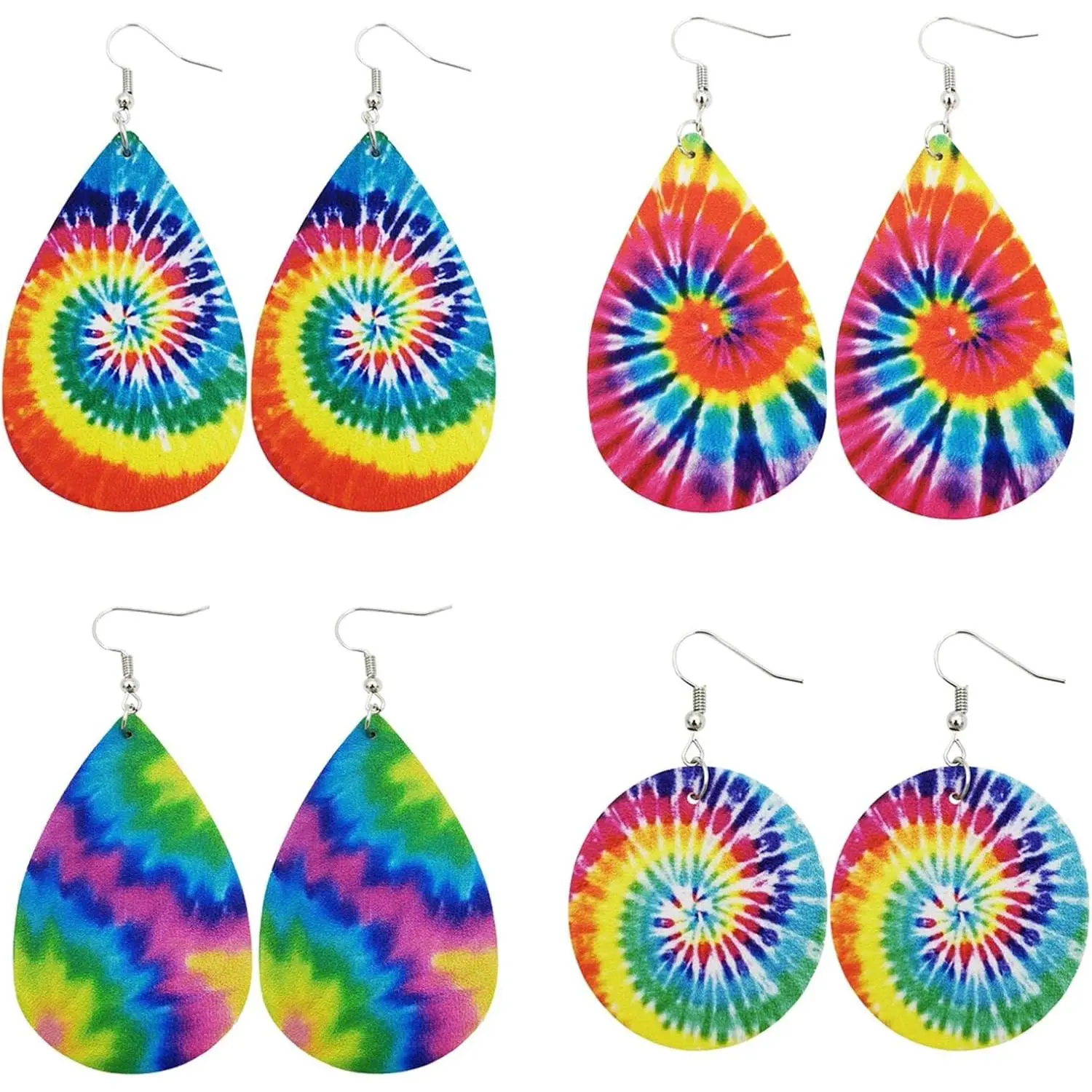 4 Pairs Colorful Tie Dye Double Printed Leather Dangle Earrings Set Lightweight Bohemian Teardrop Earrings for Women