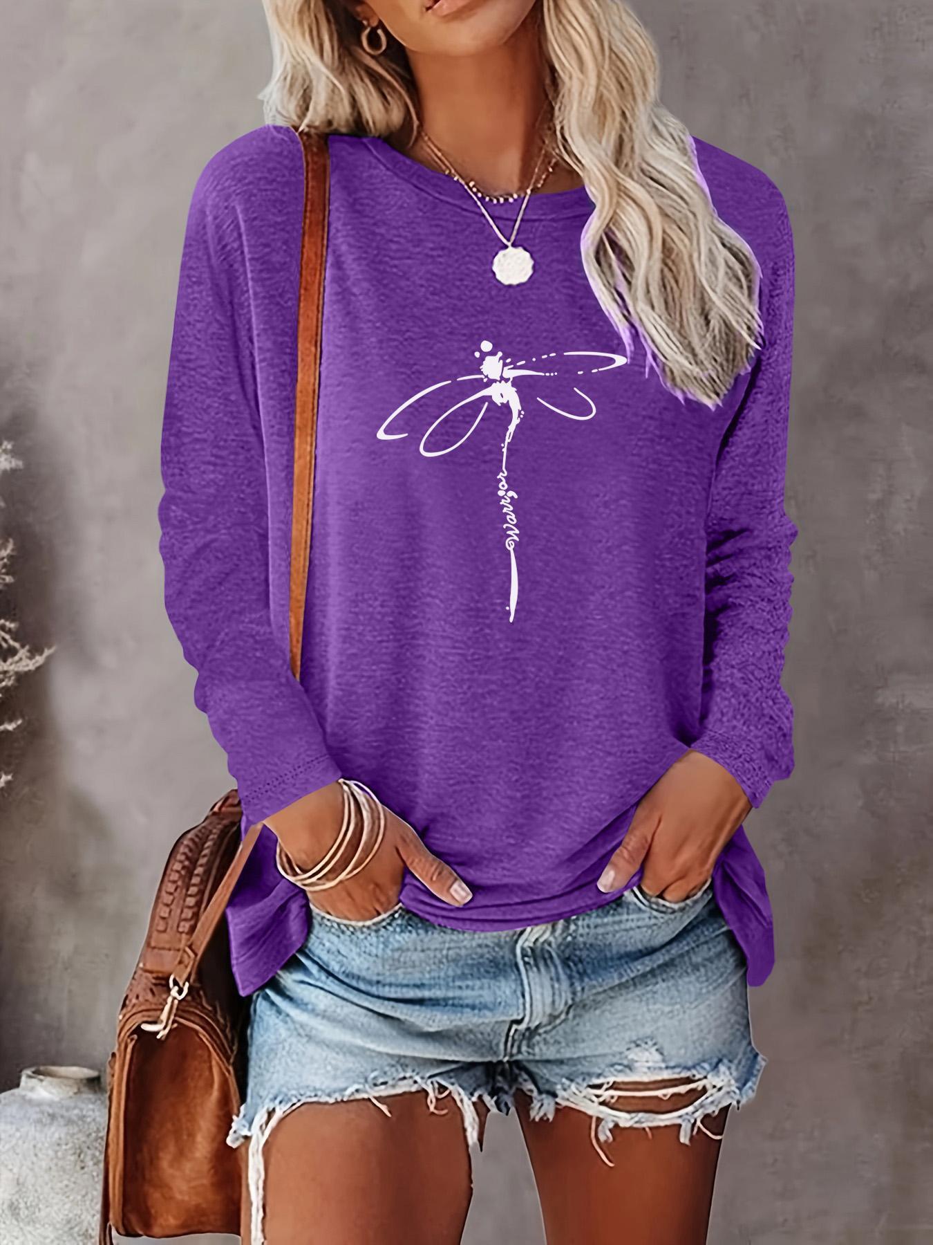 Women's Dragonfly Print Round Neck Tee, Casual Comfort Womenswear Long Sleeve Crew Neck T-shirts for Summer, Fashion Women's Top for Daily Wear