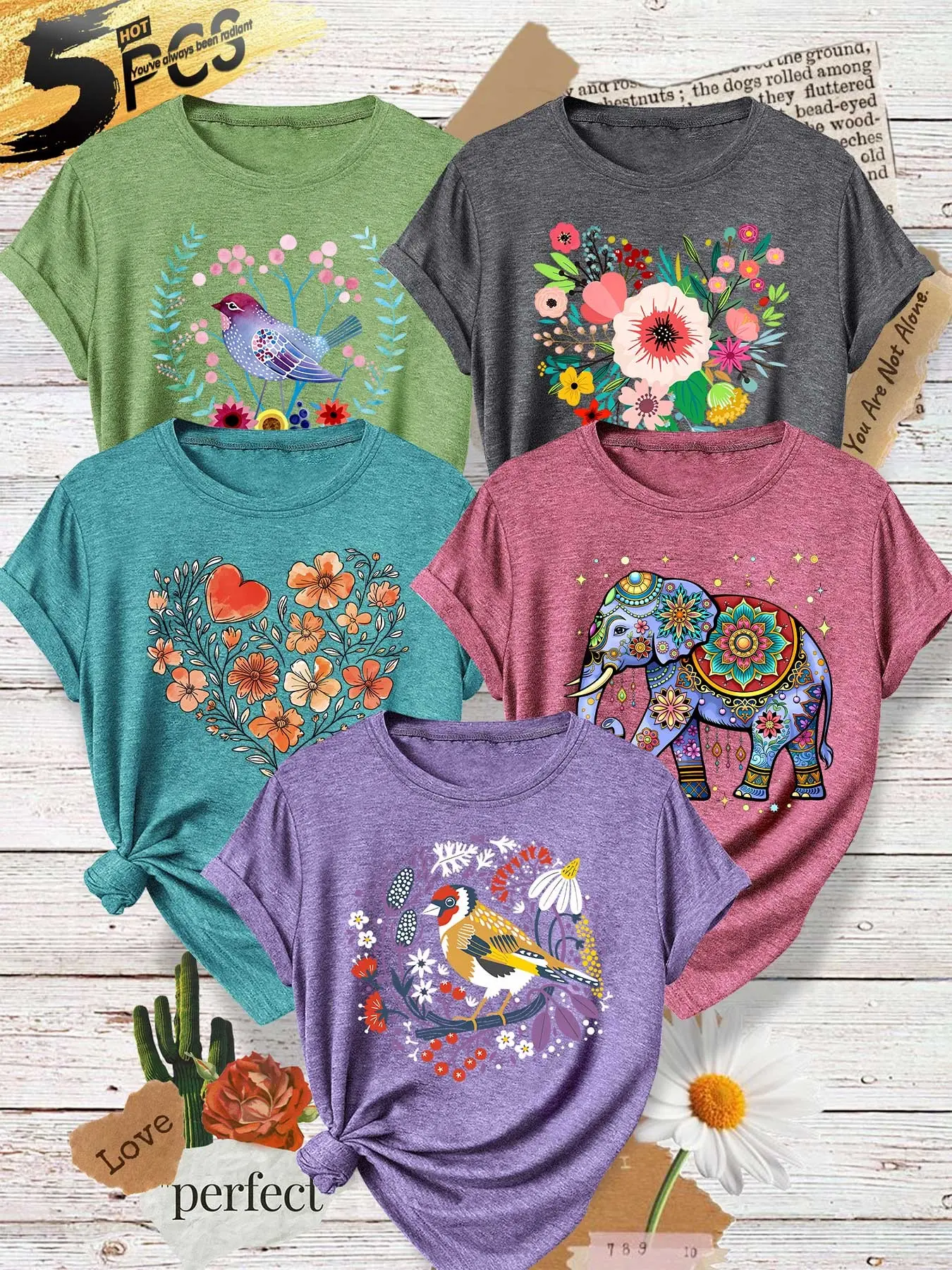 Five-Pack Women's Round Neck T-Shirts, Ethnic Elephant Bird Heart Floral Print, Soft Fabric, Casual Style Summer Top