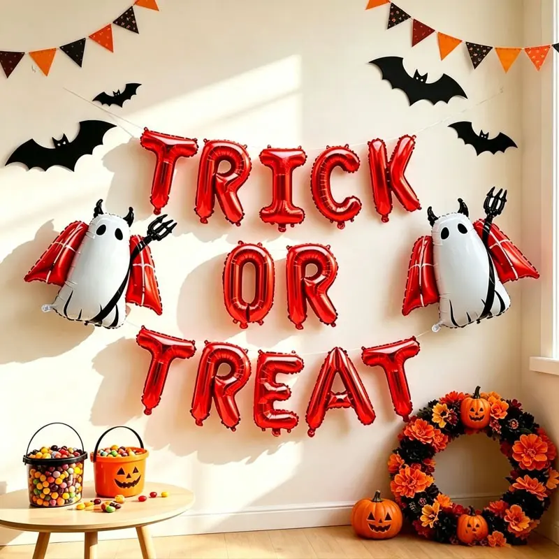 16pcs Halloween Devil Ghost Aluminum Foil Balloons,Red balloon with “Trick or Treat” letters，Demon Ghost balloon，Suitable for Halloween parties，Community Halloween Decoration，Trick-or-Treat，Masquerade Party Decorations, campus Halloween event setup