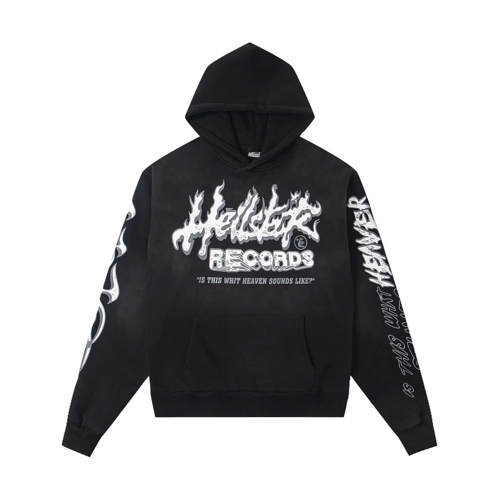 HELLSTAR RECORDS "Is This What Heaven Sounds Like?" Graphic Pullover Hoodie Black Vintage Wash 100% Heavyweight Cotton Retro Graphic Menswear Fall Outfit Oversized Drop Shoulder His and Hers Alternative Streetwear