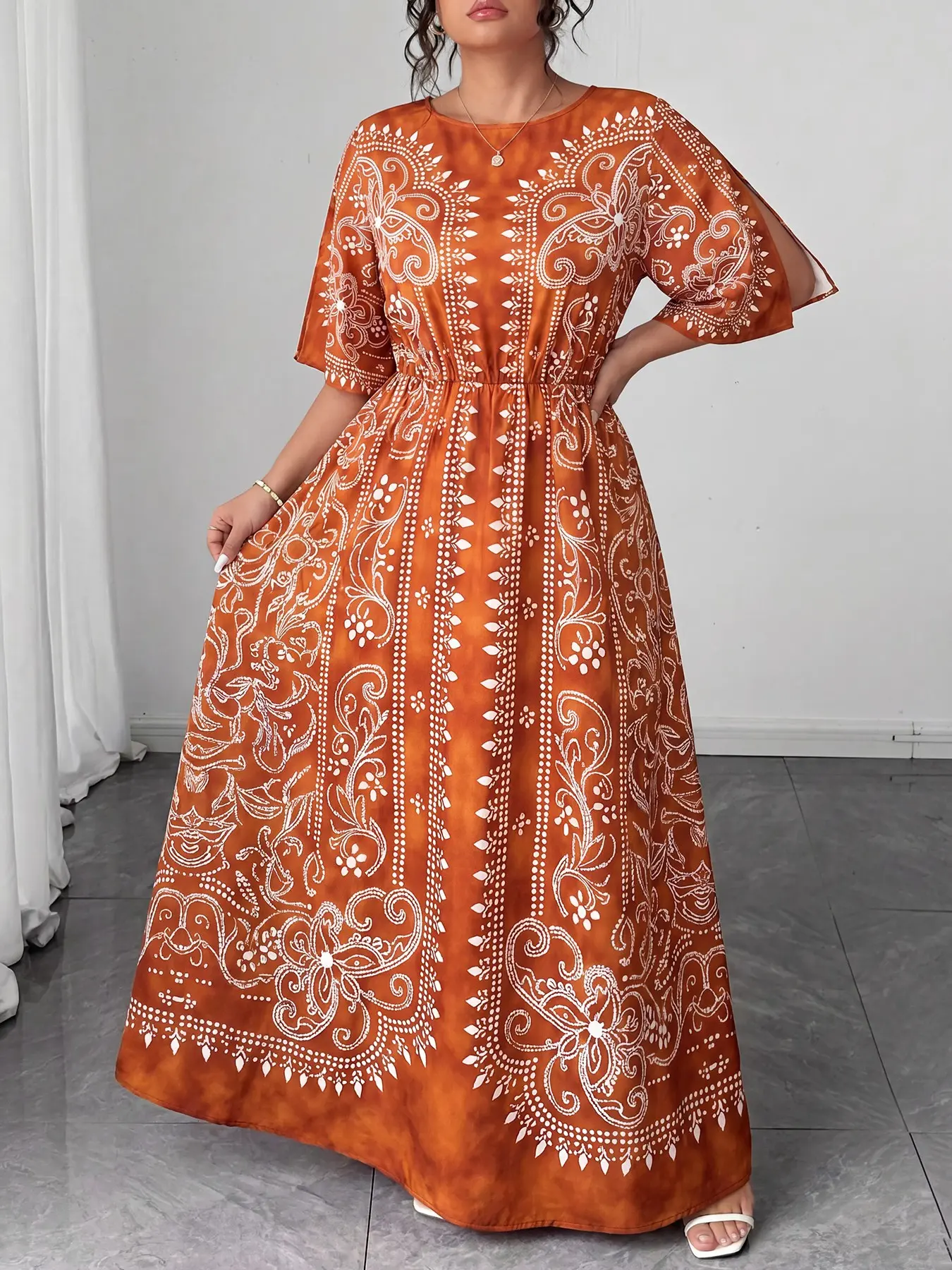 Plus Size Round Neck Short Sleeve Printed Ethnic Summer Dress, Side Slit Boho Bohemian Loose Fit, Comfortable and Stylish, Perfect for Vacation and Daily Wear, Plus Size Dresses