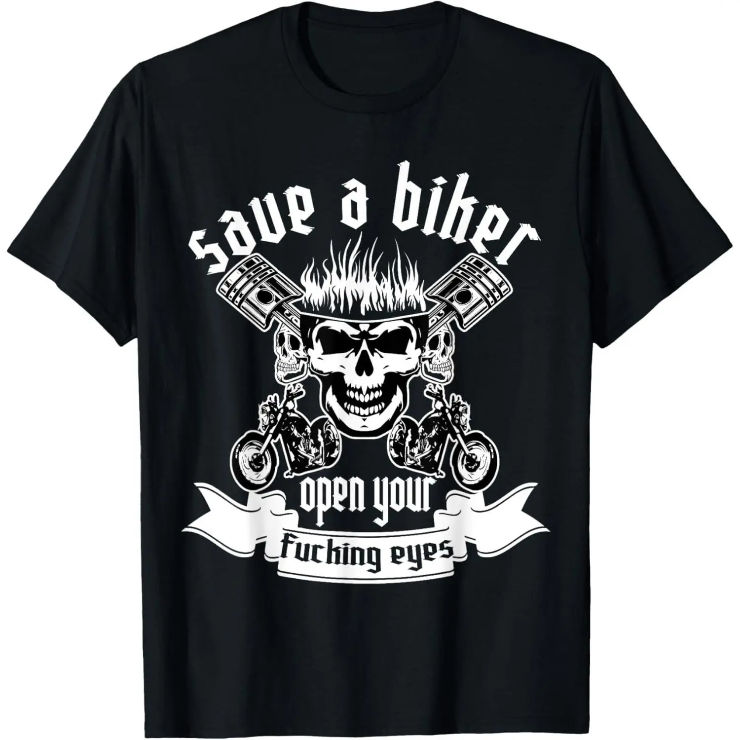 Women's Basic Cotton Breathable "Save A Biker Open Your F*cking Eyes" Graphic Crew Neck Short Sleeve Tshirt, Classic Regular Fit All-Seasons Streetwear for Motorcycle Lovers, Double-Needle Sleeve & Bottom Hem