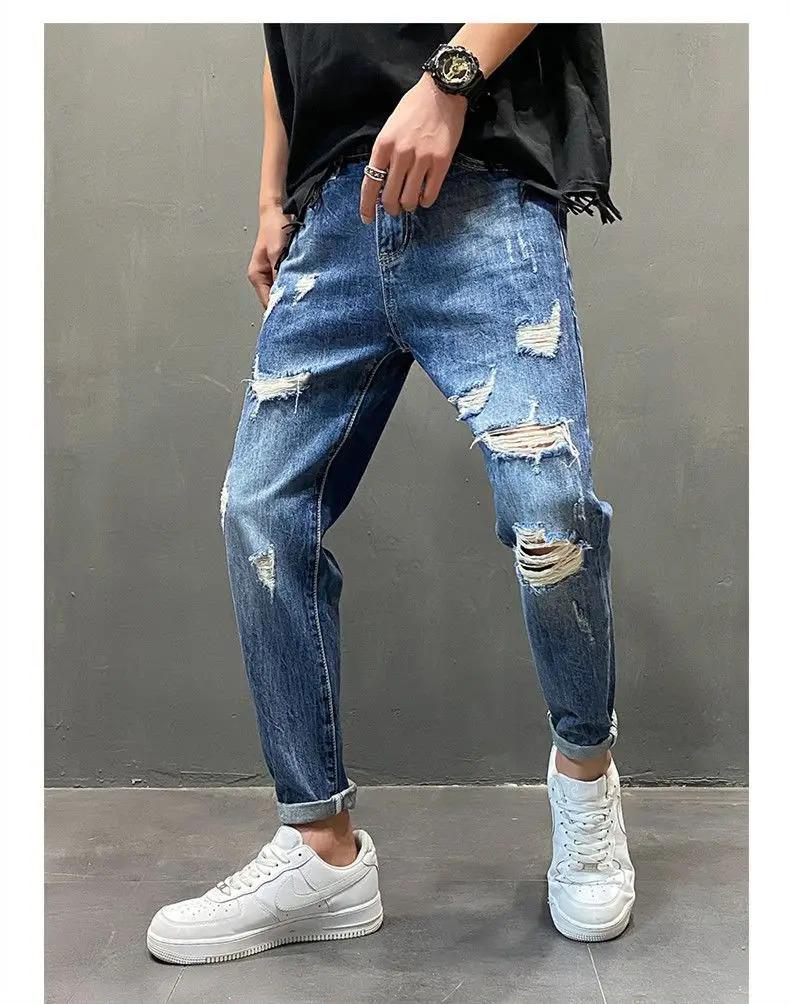 Men's Shaved Trendy Ripped Jeans Ruffian Handsome Summer Slim-fitting Pants Trendy Brand Man Clothes Designer Beggar Pants Men
