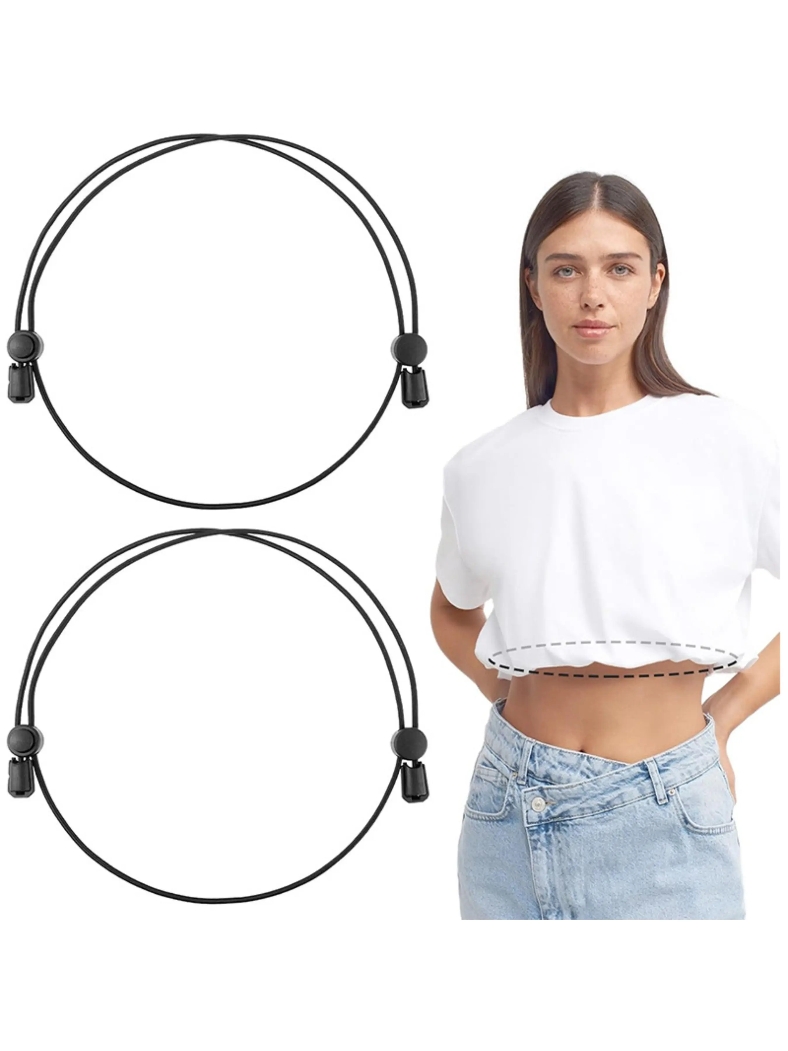 Lazy Outfit Elastic Tuck Bands 2 Pack, Invisible Adjustable Quick Hem Cord, Easily Turn Regular Tops Into Cropped Style