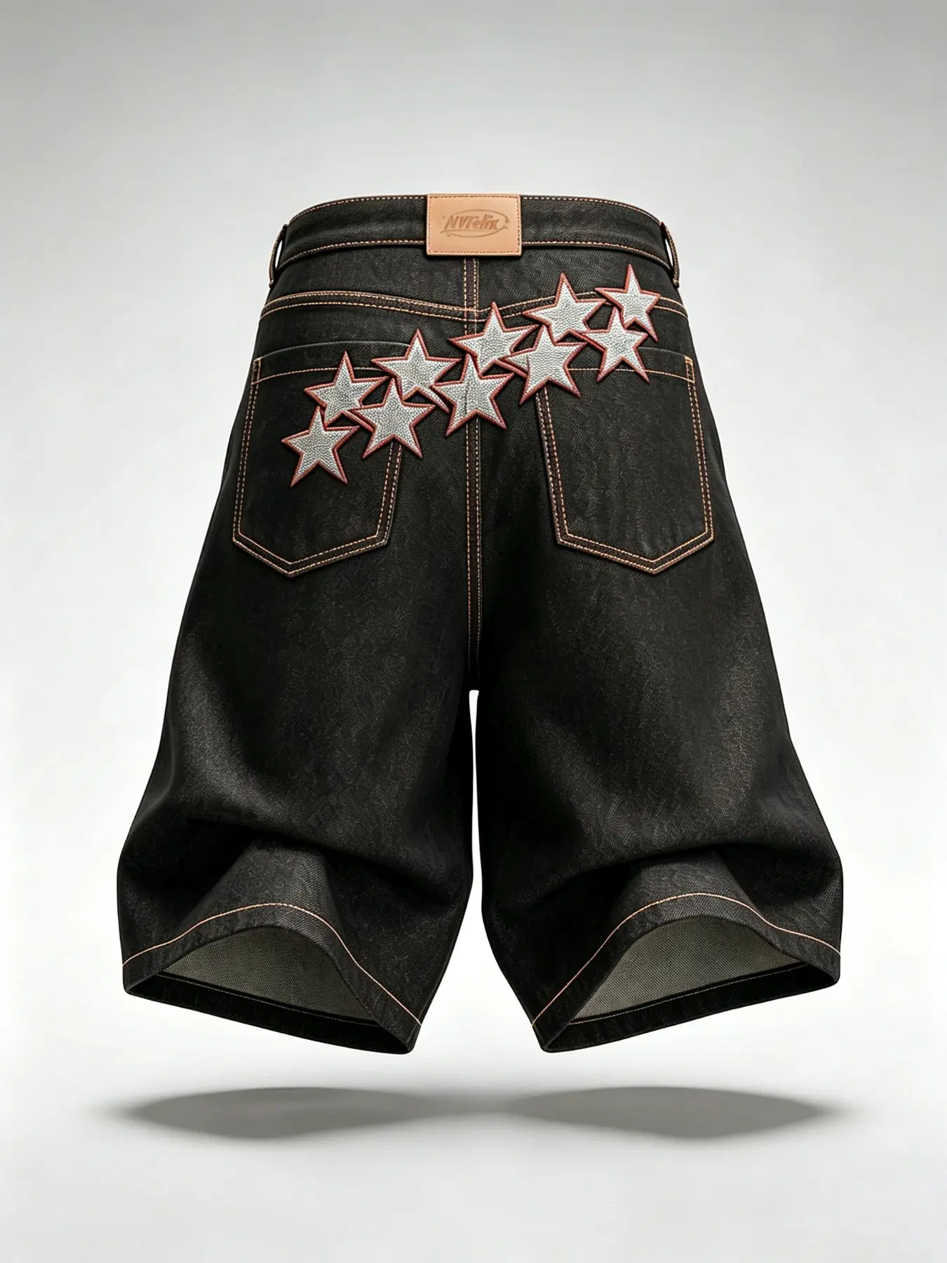 Men's Wide-Leg Mid-Length Denim Shorts, American Vintage Style, Multi-Star Embroidery, Exposed Stitching, Loose Fit, Casual Jeans