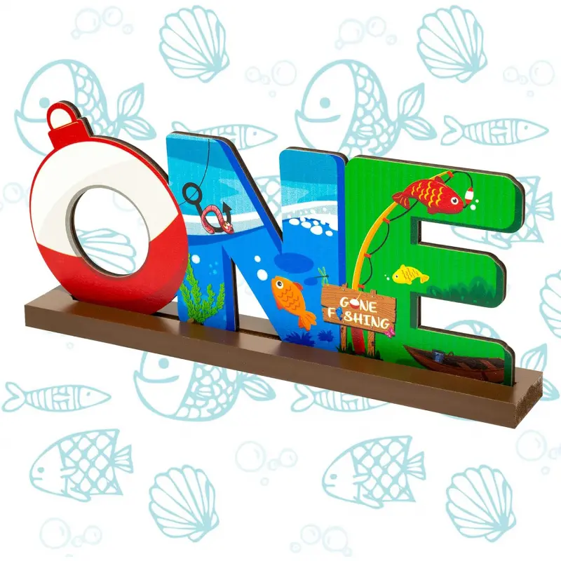 Haooryx Fishing Table Wooden Centerpiece - One-Year-Old Baby Boy Birthday Party Letter Sign Table Decoration Summer Fishing Theme Party Supplies 1st Birthday Baby Shower Photo Prop Decoration
