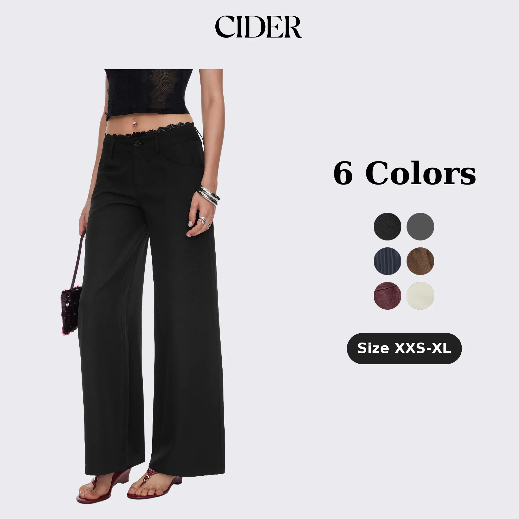 Cider  Lace Trimmed Low Rise Wide Leg Trousers