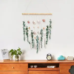 16.5" 2026 Spring Summer Boho Eucalyptus & Pine Decorative Hanging Wall Decor, Low-Maintenance Artificial Greenery with Shell Accents, Renter-Friendly Farmhouse Bedroom Home Supplies, Decorative Hanging Decor