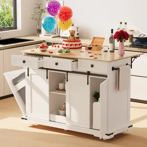53.9 Inch Kitchen Island with Drop Leaf & Power Outlet - Large Rolling Cart with Trash Cabinet, 2 Sliding Barn Doors, 3 Drawers, for Dining Room, Kitchen