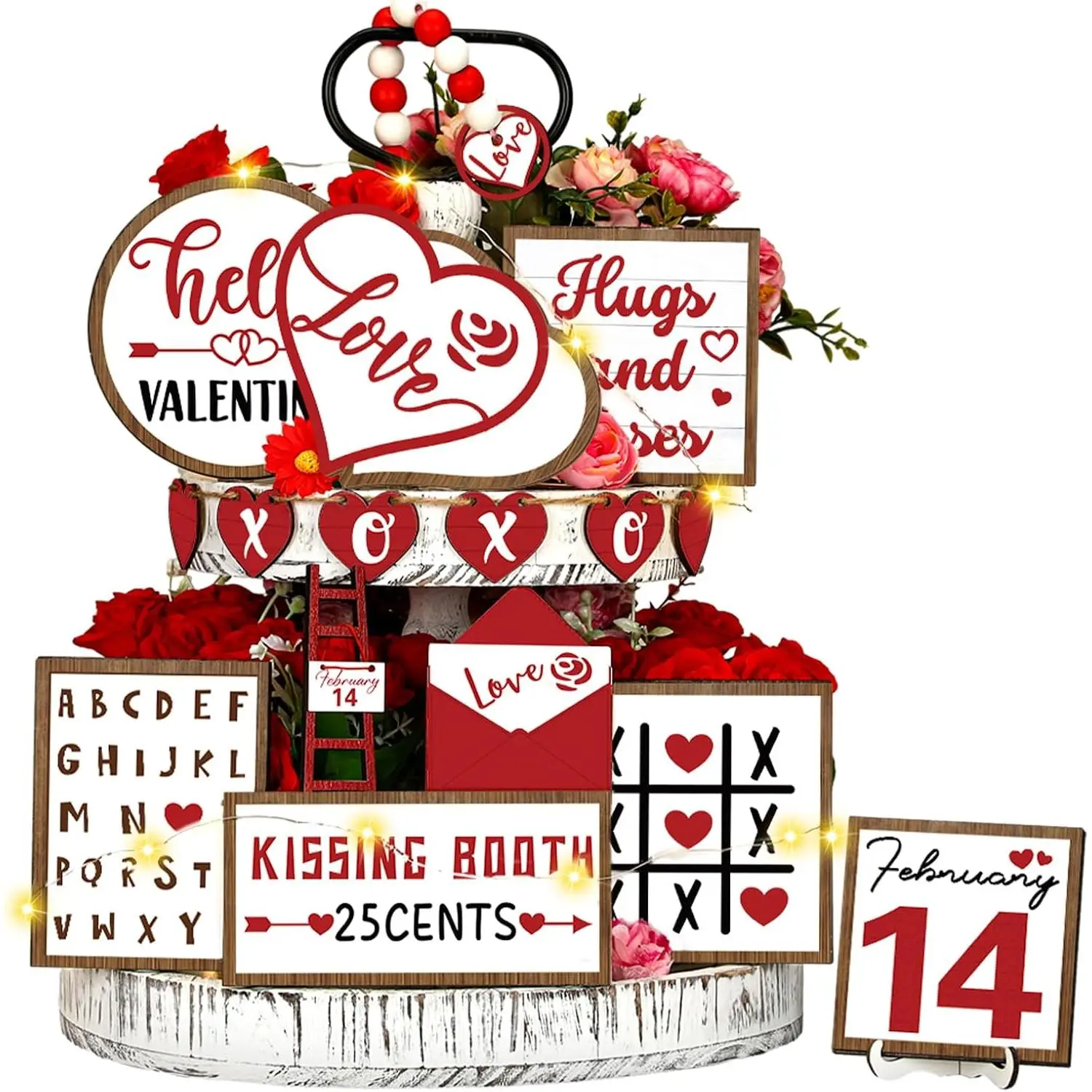 16 count Valentine's Day Tiered Tray Decorations Set Valentine Heart  Sign  Romantic Sweet Table Decor Love Theme Centerpieces for Kitchen  Decor Wedding Party