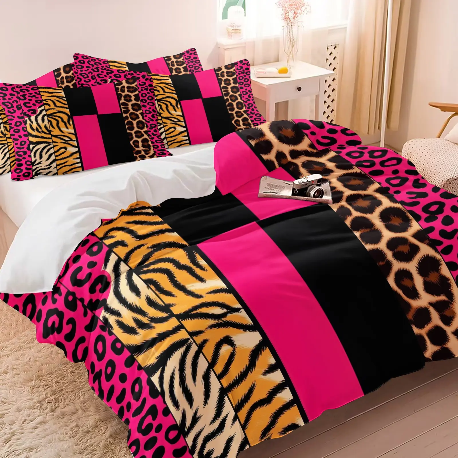 3PCS Hot Pink Leopard Tiger Stripe Duvet Cover Set, Includes 1 Comforter Cover + 2 Pillowcases, Soft & Breathable For All Seasons, Y2K Bold Style, Patchwork Animal Print Bedding, Ideal Gift Choice For Teens & Women, Bedroom & Dorm Decor