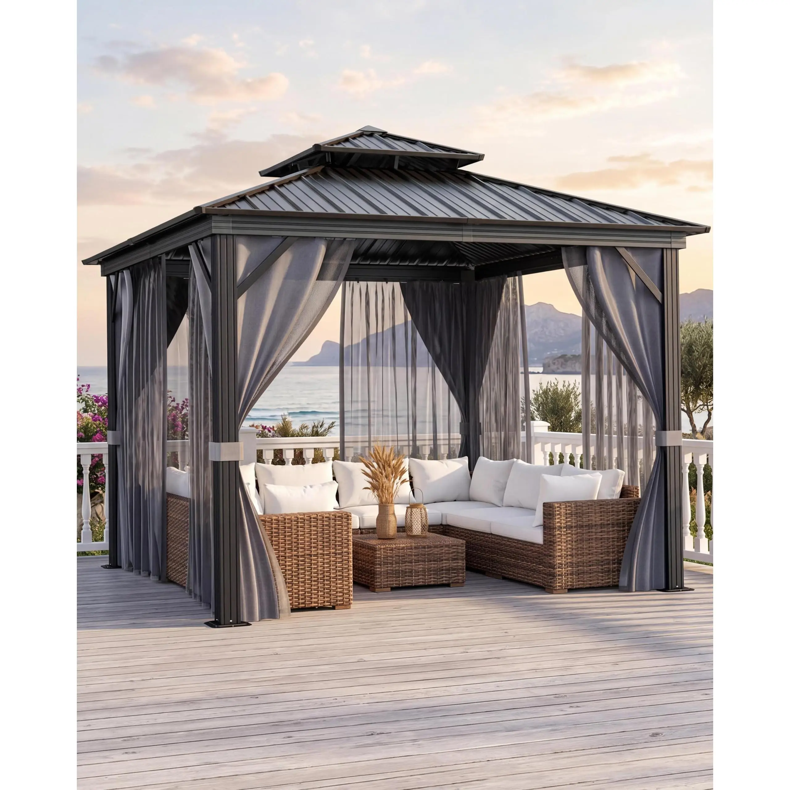 GARVEE Hardtop Gazebo 10 x 10 ft All Weather Outdoor Pavilion With Double Metal Roof Aluminum Alloy Frame Mosquito Net And Privacy Curtain Permanent Shelter For Patio Deck Backyard Lawn Garden