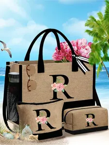 Rose Alphabet A-Z Printed Linen Tote Bag Set, a simple and large-capacity shoulder bag with a portable cosmetic bag and small storage bag, a casual shopping bag, multi-functional tote bag, personalized gift bag or lunch bag - brand new design