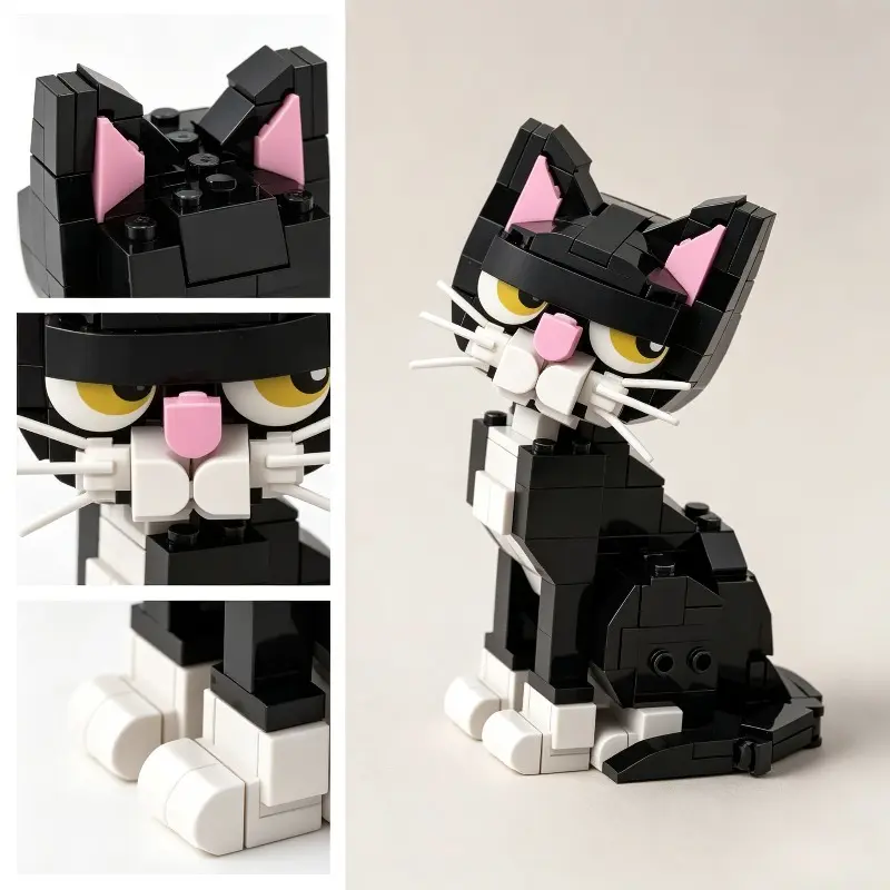 Black White Tuxedo Cat Building Blocks Animals, Cute Tilt Head Pet Model, Display Collection, creative blocks, skills kits, desktop figurines, Birthday Holiday Gift for Adults 14+, Back to School Pet Home Decor