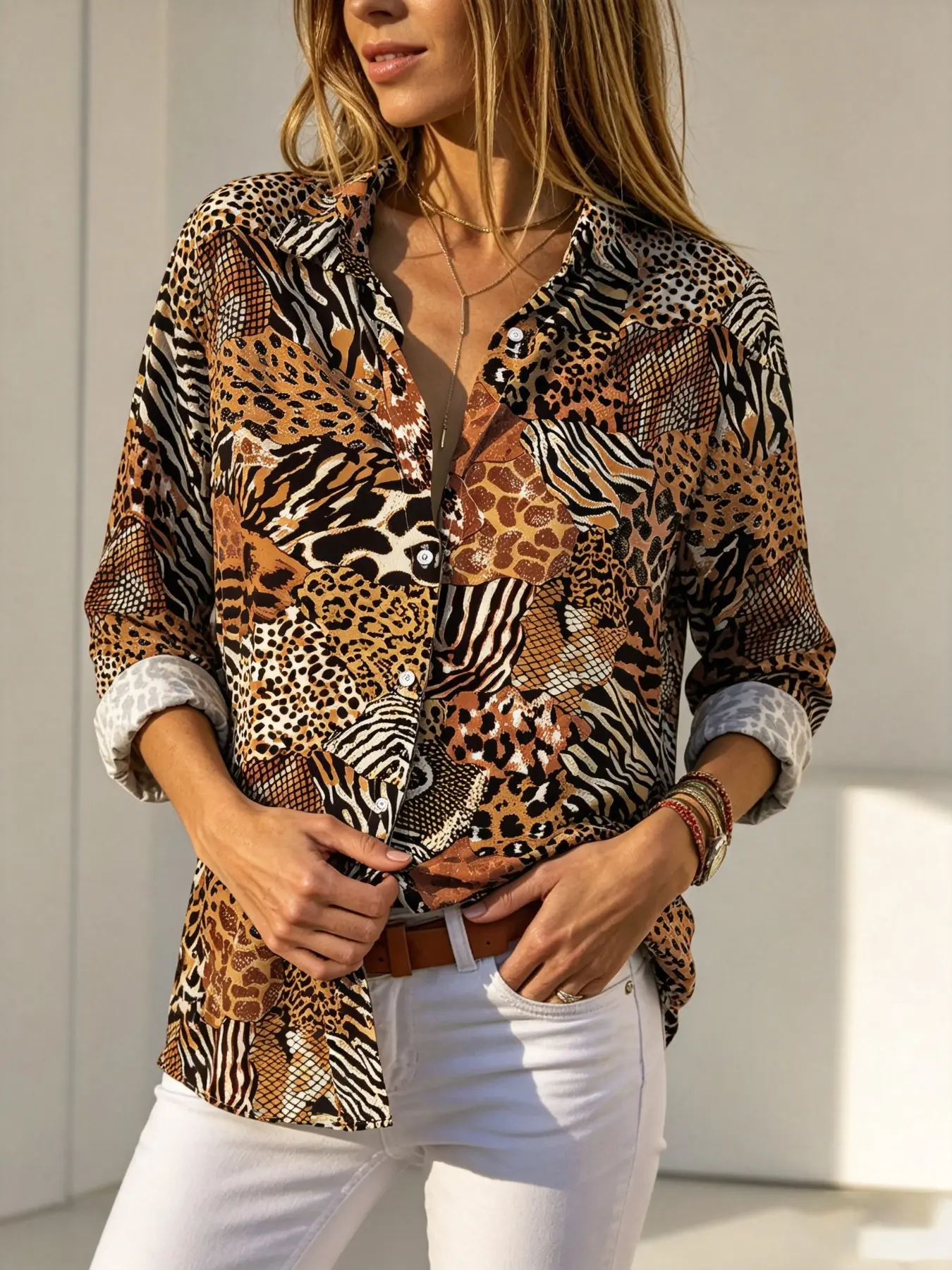 2026 New Women's Patchwork Leopard Zebra Animal Print Shirt, Melanin Retro Collar Long Sleeve Blouse, Casual Loose-Fitting Top