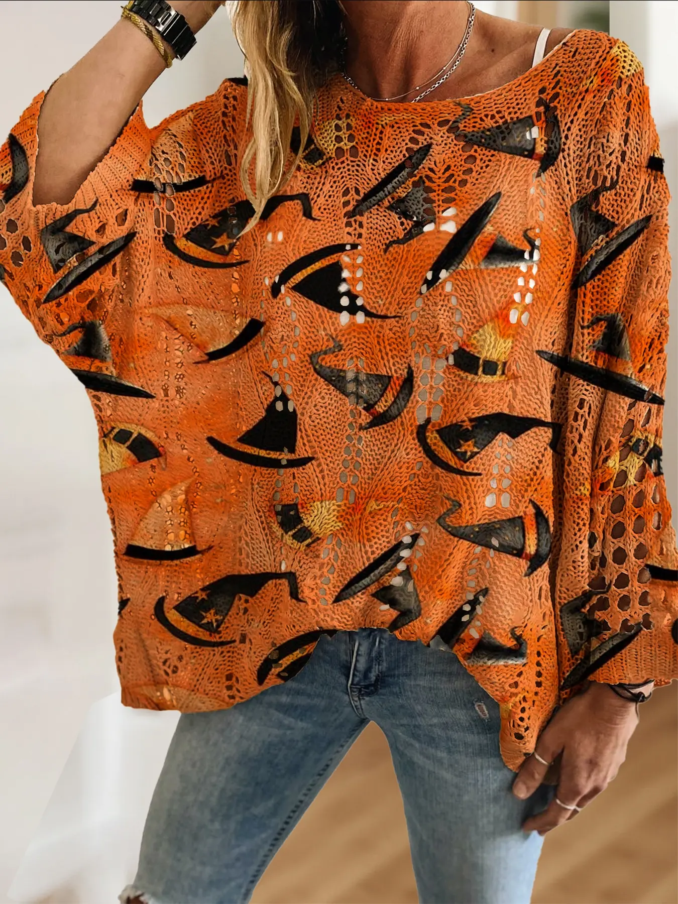 Women's Elegant Halloween Witch Hat Print Long Sleeve Knit Top, Casual Vacation Style Sweater, Comfortable Breathable Women's Shirt