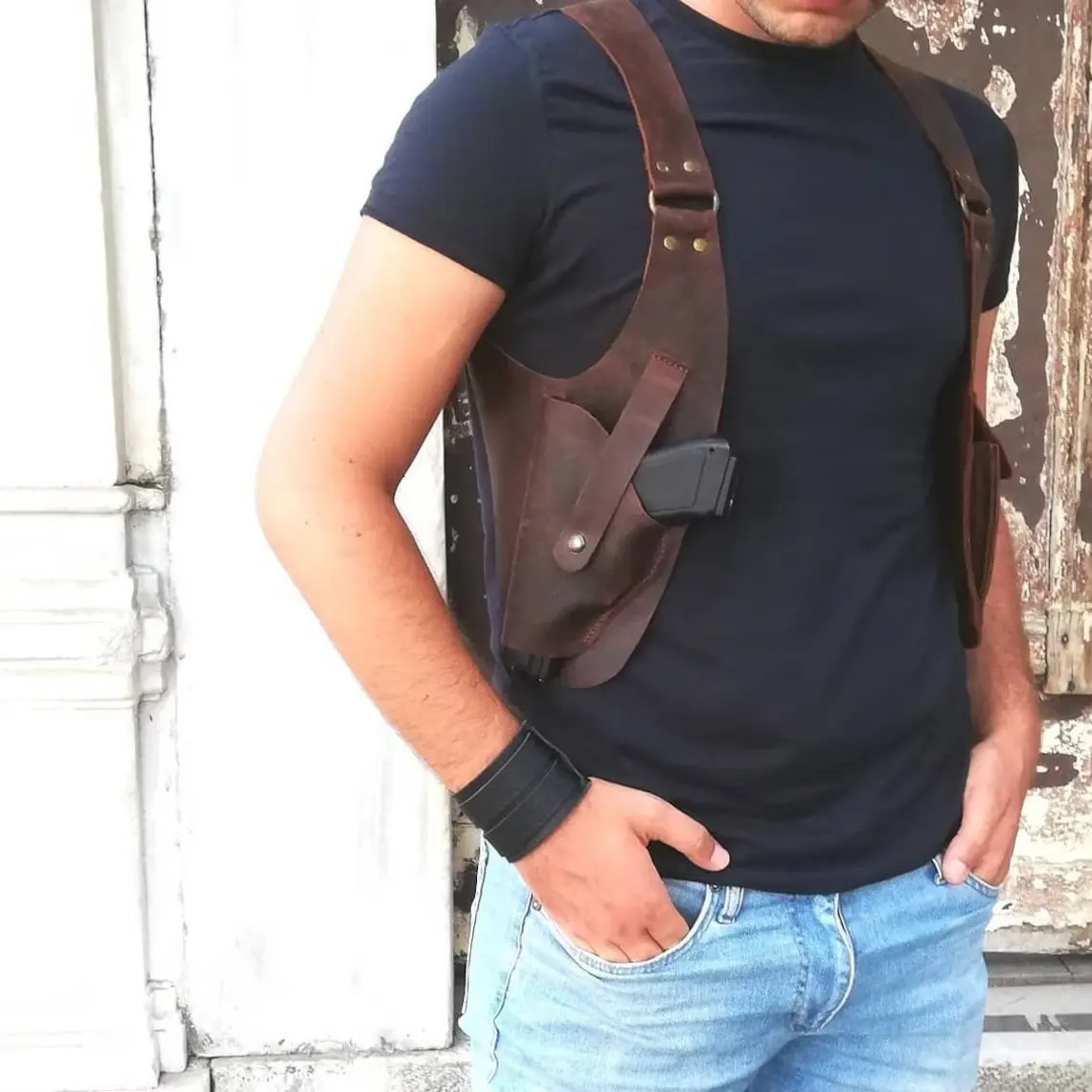 Men's Full Grain Leather Underarm Harness Bag - Retro Tactical Shoulder Rig with Hidden Pocket, Adult Black Daily Outdoor Carry Accessory for Hunting & Outdoor Activities, Black Daily Outdoor Carry Rig