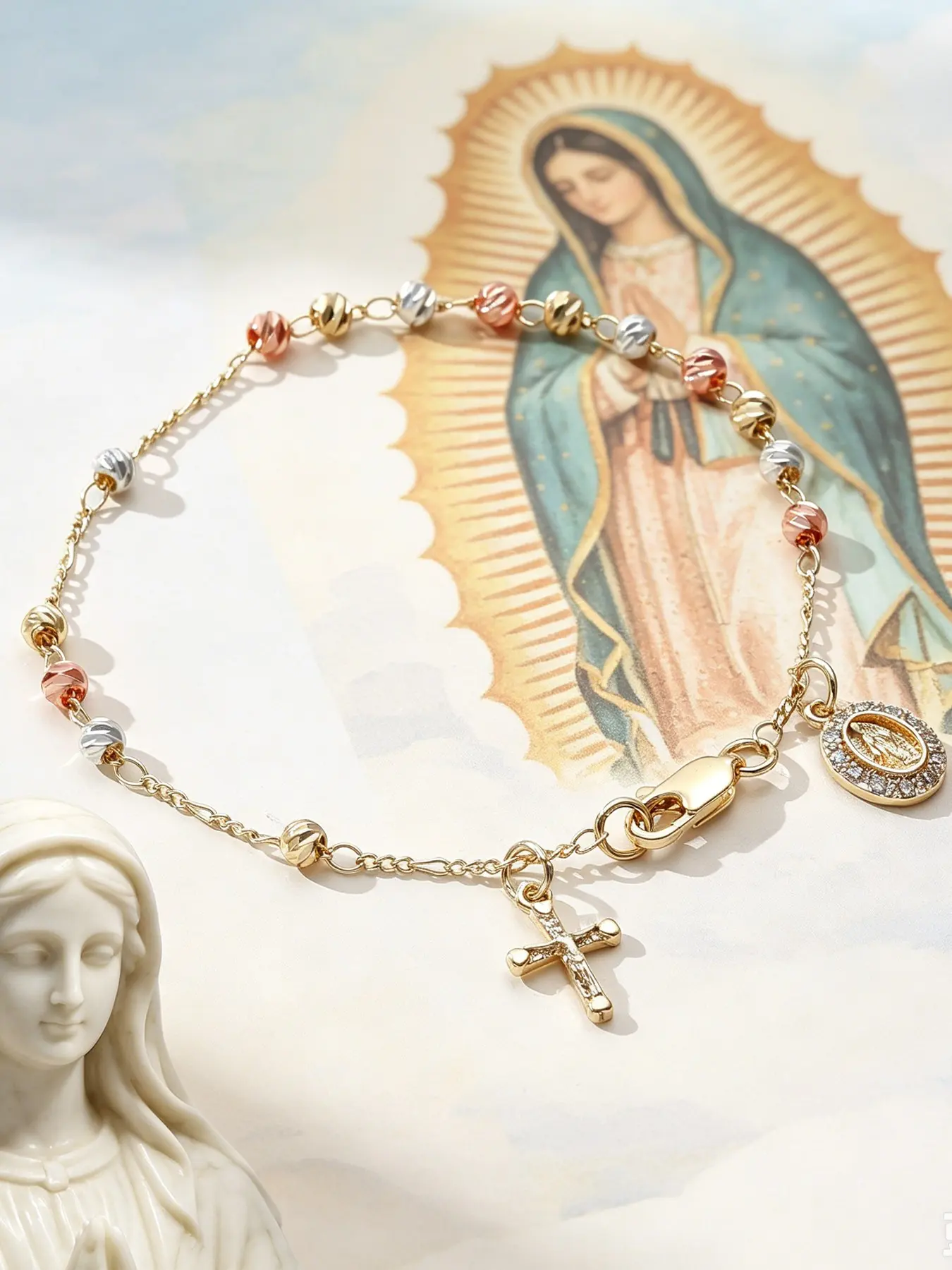 1 Piece Tri-Color Rosary Bracelet with Our Lady of Guadalupe & Cross Charm, Cubic Zirconia Inlaid Catholic Religious Jewelry for Women, Daily prayer, Self Redemption Meditation, Perfect for Party, Christmas and Halloween, High Quality Bracelet with Charms