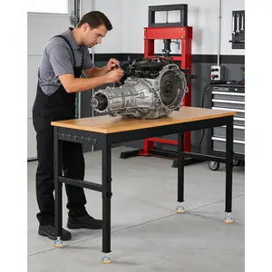 48"x24" Adjustable Height Heavy Duty Workbench – 2500 LB Capacity Rubberwood Top with Built-in Power Outlets, Work Table Computer Desk for Garage Workshop Home Office