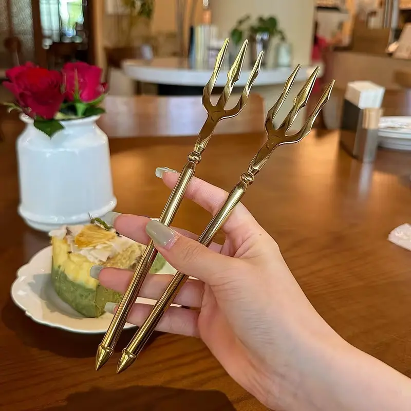 2pcs Stainless Steel Two-Tone Dessert Fork, Salad Fork, Fruit Fork, Pasta Fork, Long-Handled Polished Neptune Trident, Silver Color Fork