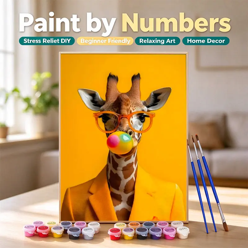Stylish Giraffe in Yellow Suit & Orange Glasses Blowing Bubble Paint by Numbers Kit, Bright DIY Wall Art