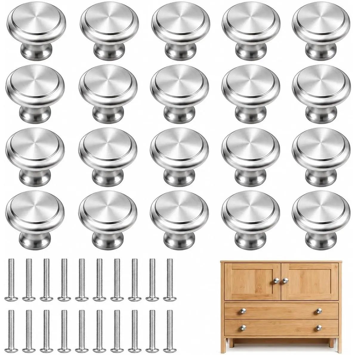 SICANDAENHK 20PCS Kitchen Door Knobs and Handles for Cabinets and Drawers, 30mm Chrome Cabinet Knobs, Kitchen Cupboard Door Knob and Wardrobe Door Knob with Screws, Round Mushroom Drawer Pull Handles Furniture