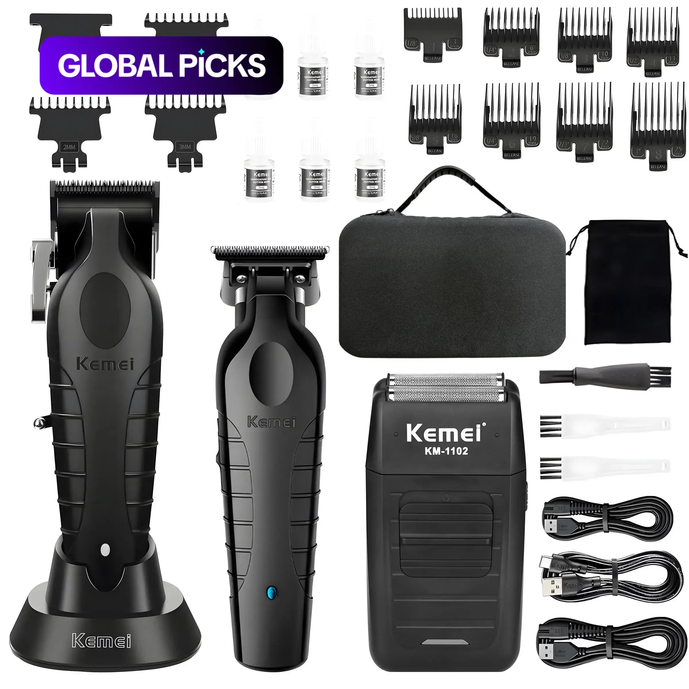 Kemei Men's Grooming Kit, Electric Trimmer, Detail Trimmer, Razor, Includes Comb & Scissors, Professional Haircut Tools, Clippers and Trimmers Set