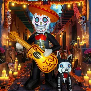 6 FT Halloween Inflatables Decoration, Blow Up Yard Decorations, Day of The Dead Spooky Sugar Skull Guitar and Skeleton Dog, Dia De Los Muertos Décor with Built in LED for Outdoor Garden, Lawn