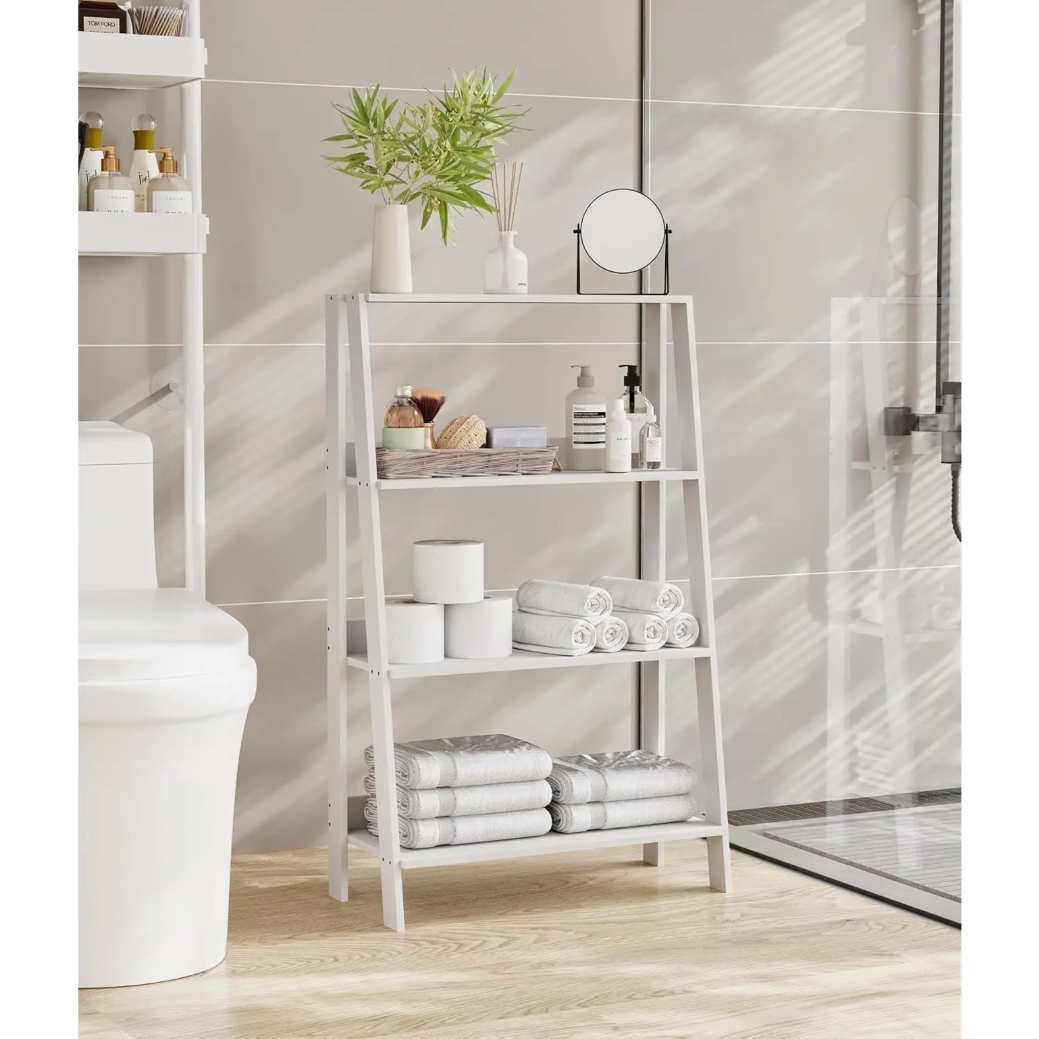 White 3-Tier Lightweight Wood Bathroom Ladder Shelf - Freestanding Open Racks Organiser, Toilet Storage Unit for Living Room, Plant Display Shelf