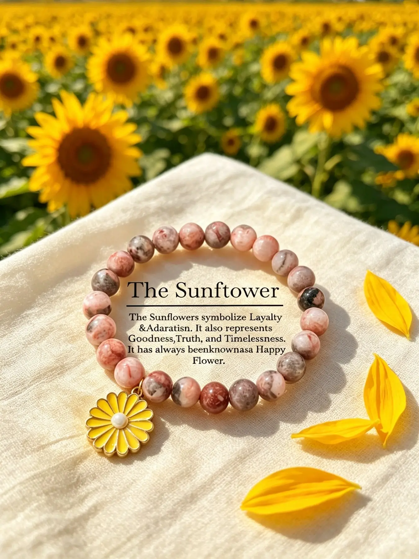 The Sunflower Charm Stretch Beaded Bracelet, Warm Pink Natural Stone with Enamel Sunflower Pendant,Decorative Bracelet Symbolizing Positivity & Sincerity,Ideal Accessory for Summer Travel,Daily Outfit,Birthday & Holiday Gifting for Women and Teen Girls