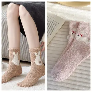 2 Pairs of Winter Coral Fleece Warm Mid Tube Socks Cute Cartoon Thick Sleep Socks Comfortable Home Floor Socks