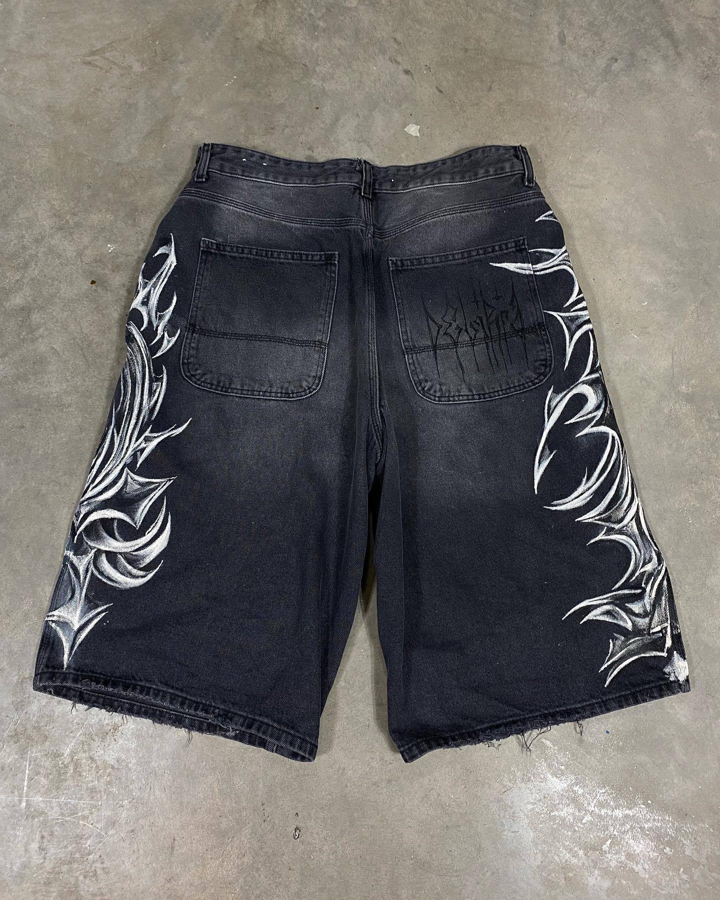 Unisex Vintage Gothic Denim Shorts, Summer Hip-Hop Harajuku Loose 5-Inch Shorts, Streetwear Casual Bottoms