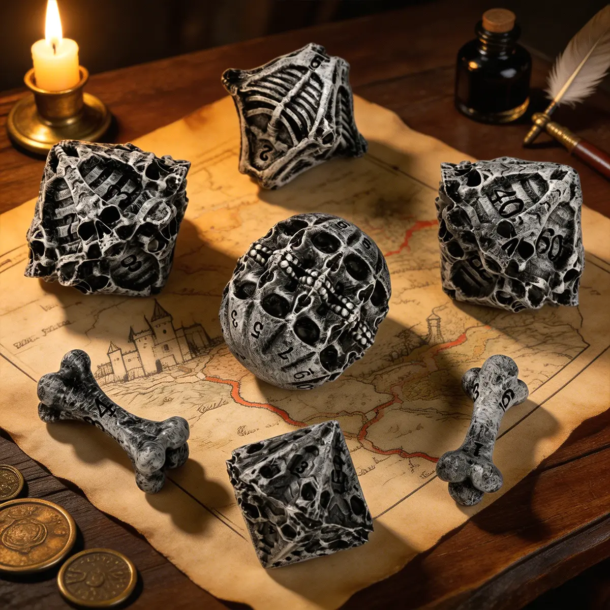 DND Polyhedral Dice Set - 7-Piece Skull & Bone Dice (D20, D12, D10, D8, D6, D4) for Ages 18+, Balanced Roll RPG Gaming, Cool Unique Gift for Dungeons & Dragons Accessories