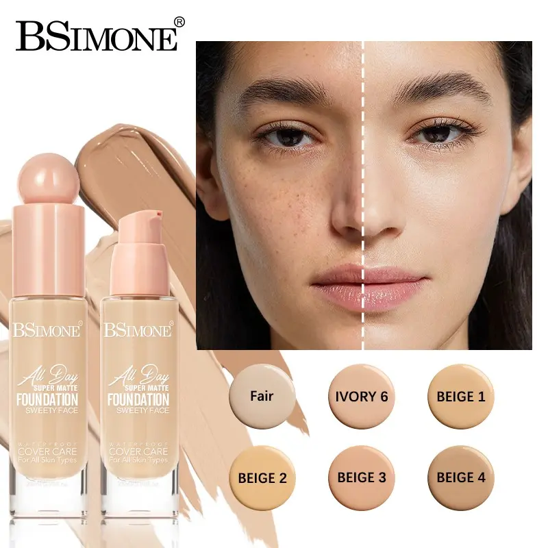 Bsimone 24-Hour Long-Lasting Matte Foundation, Oil-Control, Waterproof, Sweat-Resistant, Covers Blemishes, Pores, Redness, Ideal for Oily Skin