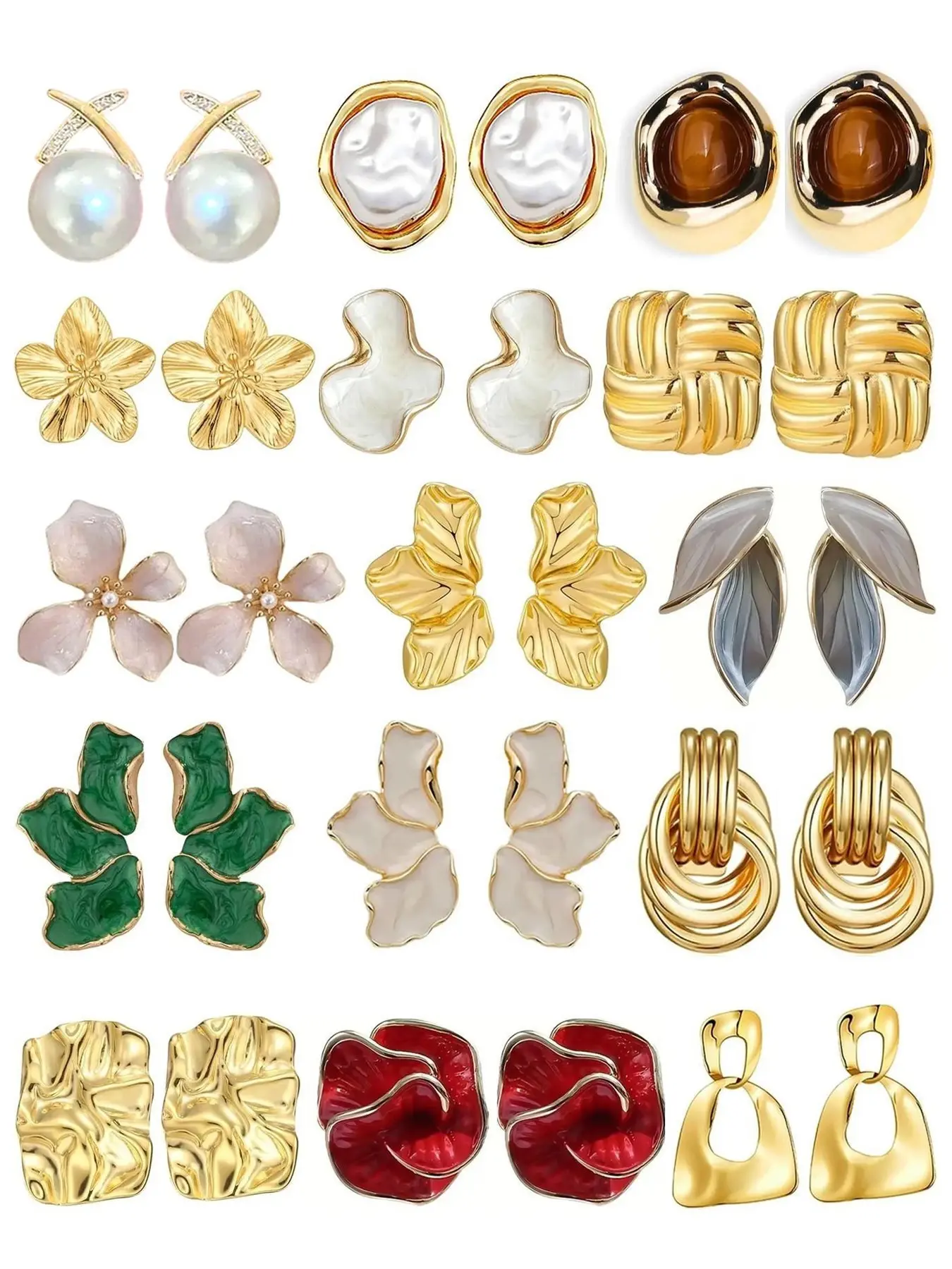 15 Pairs Plated Pearl Earrings for Women, Hypoallergenic Stud & Dangle Jewelry, Perfect Gift for Her