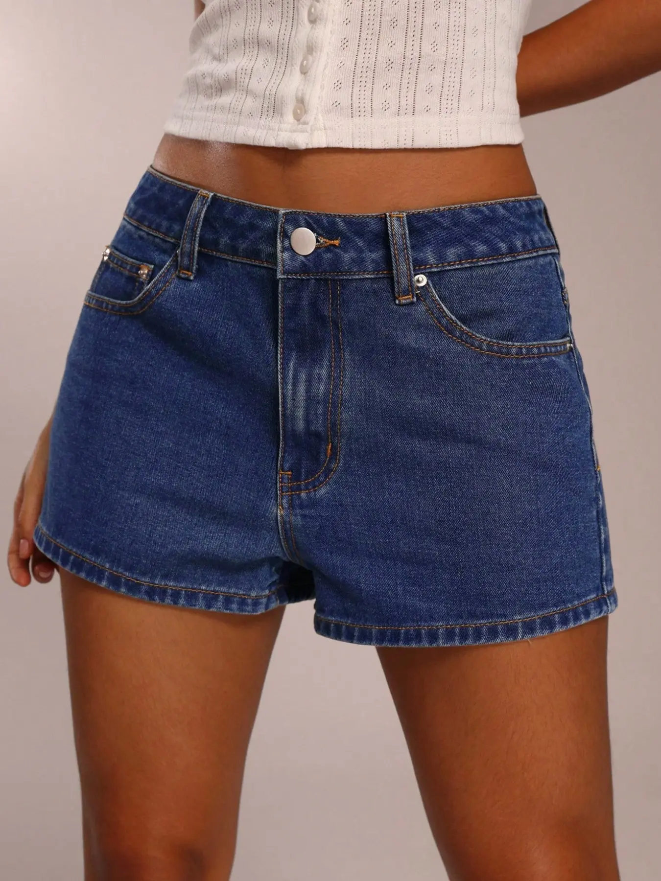 Classic Deep Blue Denim Shorts, Bottom, Versatile Basic Style, Flattering Leg-Lengthening Design, Perfect for Everyday Wear, Chic, Denim Jeans Shorts