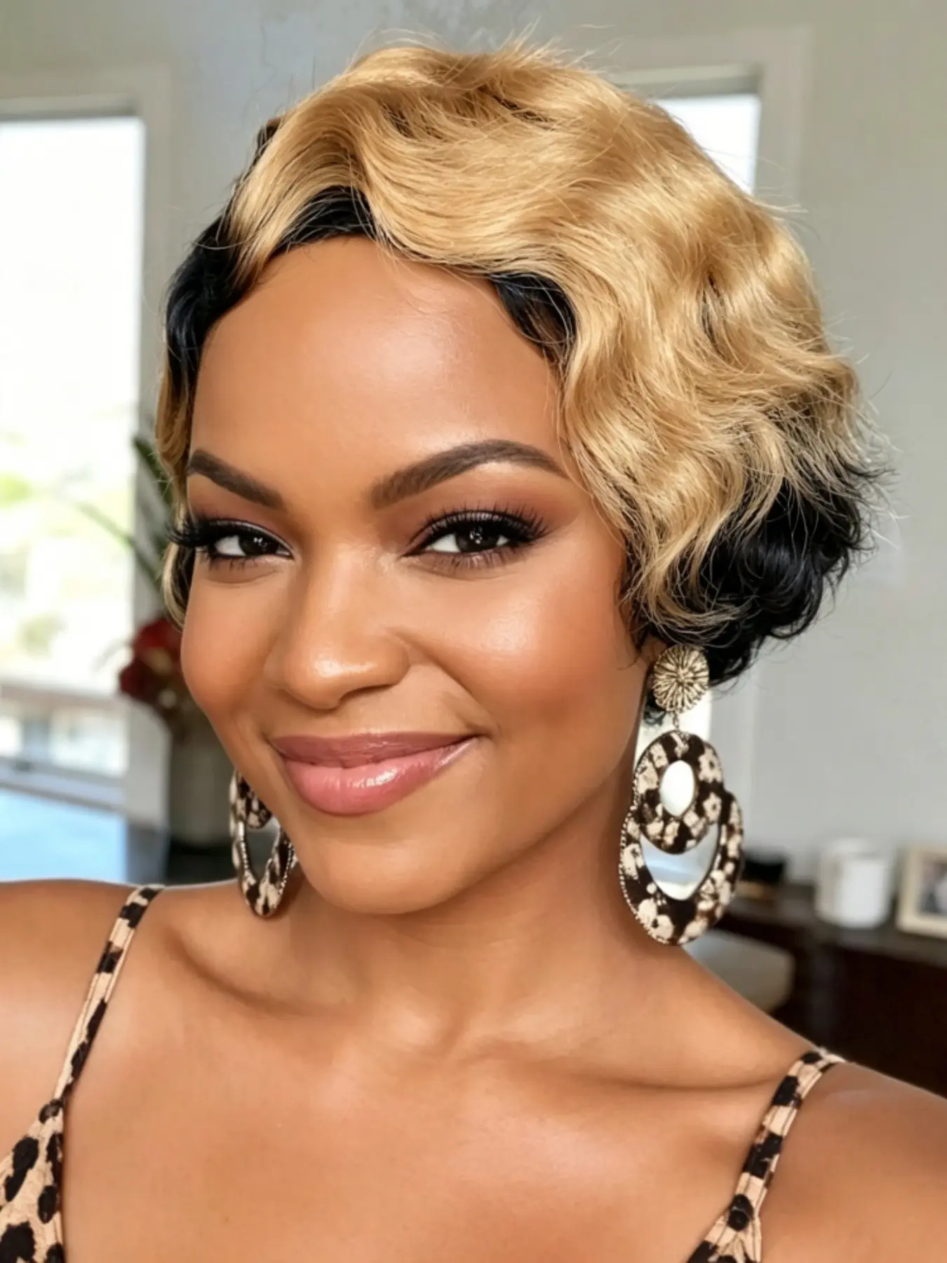 Human Hair Short Ombre Pixie Wig, Two Tone to Honey Blonde, Finger Wave Wig for Women, Full Machine Made, Natural Look