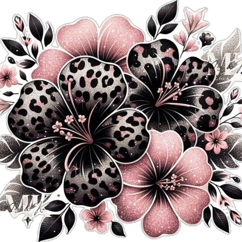 5D Full Drill Acrylic Diamond Painting Kit, Pink Glitter Hibiscus Leopard Print Flower with Black Leaves, DIY Rhinestone Canvas with Tools for Home Wall Decor Floral Arts, Rhinestones